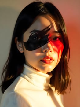 A woman with a black eye mask and red light photo
