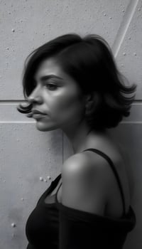 A woman with short hair standing against a wall photo