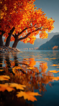 Colorful autumn trees reflect in serene lake waters during a calm afternoon in nature photo