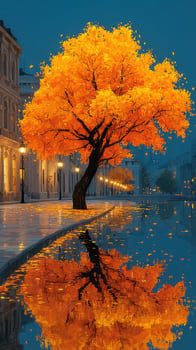 Vibrant autumn tree reflecting in calm water along a city sidewalk during twilight photo