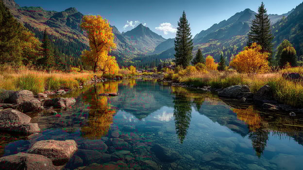 Calm river reflecting autumn foliage in a mountainous valley under blue sky and bright sun photo