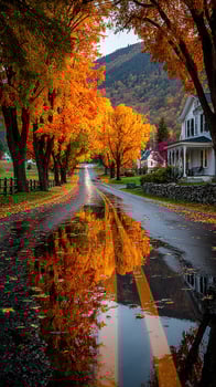 Vibrant autumn colors reflect on a tranquil country road after rain in a picturesque rural setting photo