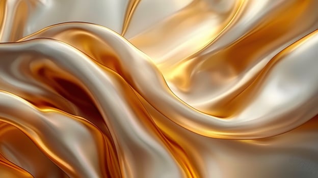 A close-up of golden and silver silk fabric, showcasing its soft texture and waves. photo