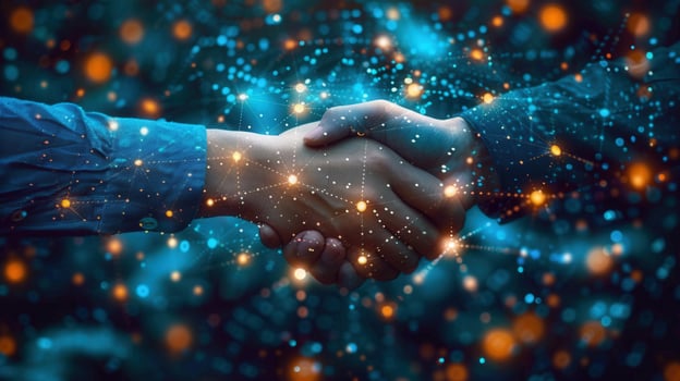 A handshake within a digital network, conveying teamwork and successful business relations. photo