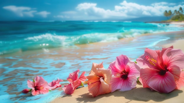 Beautiful pink hibiscus flowers on a sandy beach with the turquoise ocean in the background. photo