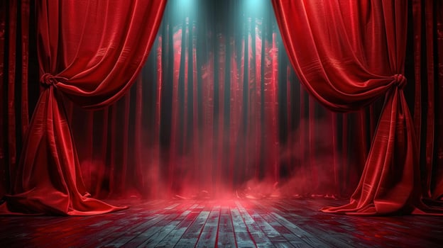 A captivating stage setting with rich red curtains and atmospheric lighting to enhance a scene. photo