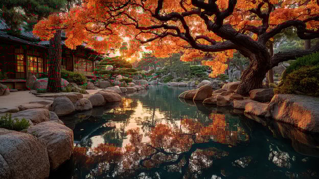 Stunning autumn foliage reflects in tranquil pond amidst traditional Japanese garden setting photo