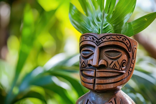 Wooden figure with leaves in a tropical garden photo