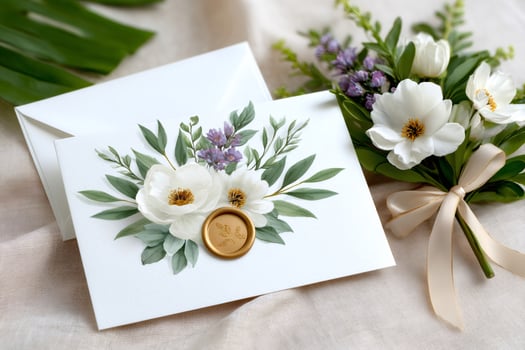Wedding invitation card featuring white flowers and gold wax seal with matching bouquet photo