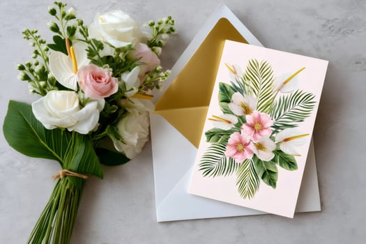 Bouquet of flowers and tropical greeting card with gold envelope photo