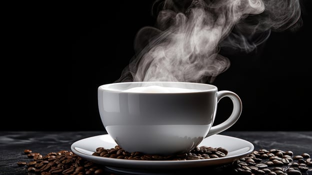 Hot coffee cup with steam, surrounded by coffee beans. photo