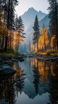 Autumn morning reflecting serene mountains and golden trees by a tranquil stream in nature's untouched beauty photo