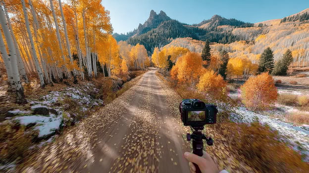 Autumn adventure on a winding dirt road surrounded by vibrant golden leaves and mountain peaks photo