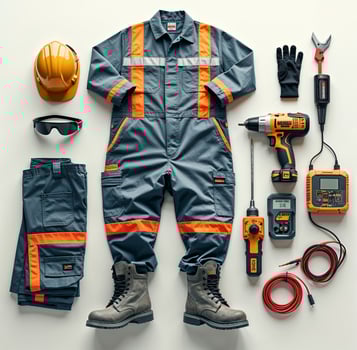 Safety gear and tools arranged neatly for construction work in a well-lit studio setting photo