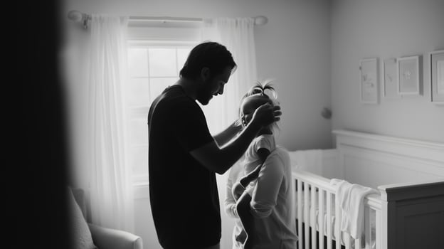 Couple sharing a tender moment in a nursery during daylight hours photo