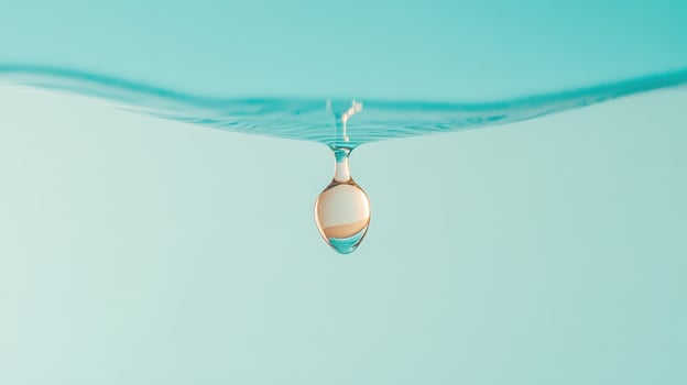 Liquid drop hangs beneath smooth water surface against a soft teal background. Clarity and light reflect in sphere shape. Close view. photo