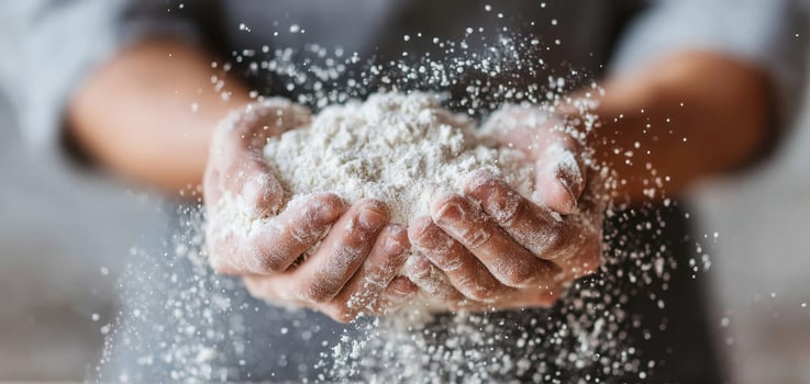 Hand holding flour ready to knead dough and bake fresh bread with care and warmth in cozy kitchen environment photo