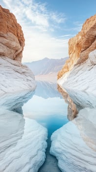 Still blue water reflects mountains beyond white rock formations under bright sky. photo