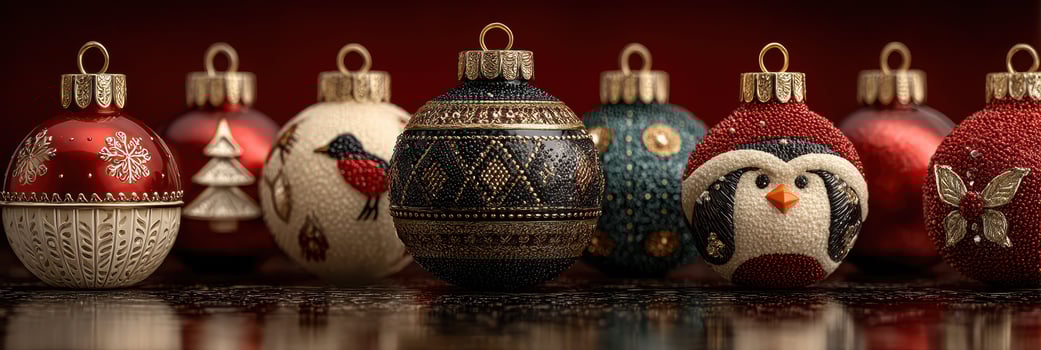Colorful Christmas ornaments displayed on a reflective surface, showcasing intricate designs and festive themes during the holiday season photo