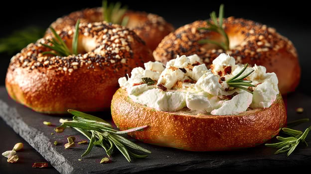 Bagel with cream cheese and rosemary, close-up photo