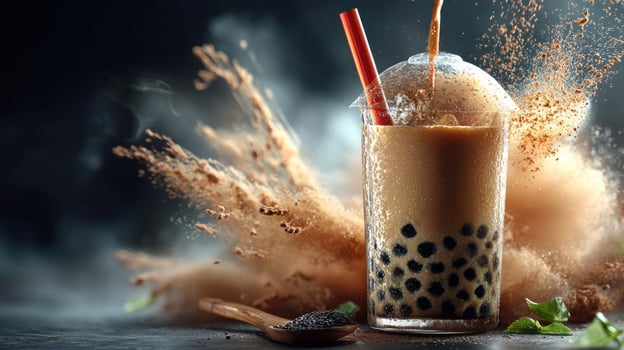 Bubble tea with dramatic splash, close-up, delicious drink. photo