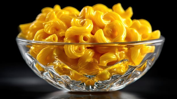 Bowl of cooked pasta, close-up, yellow, simple food. photo