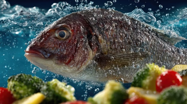 Close-up of a fish surrounded by vegetables, underwater. photo