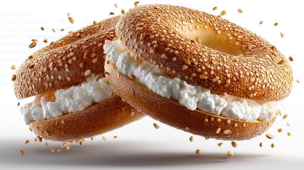 Two sesame bagels with cream cheese, floating with seeds. photo