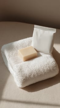 A towel with soap and a bag of soap photo