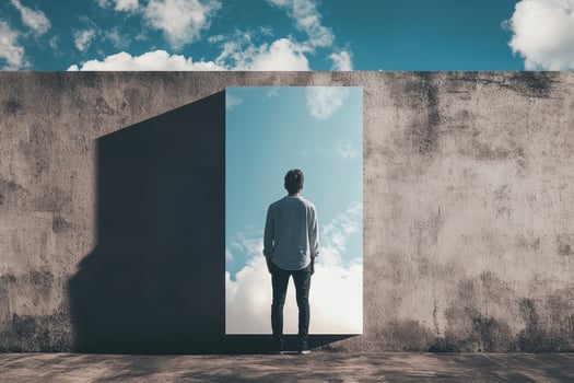 Man stands before a door to the sky photo