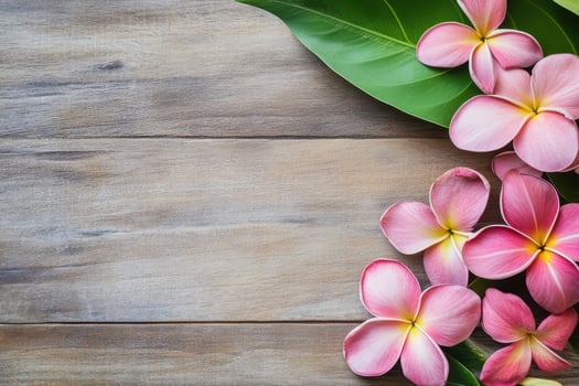 Pink flowers with green leaves on wooden surface photo