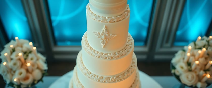 three tiered wedding cake sitting on top of a table photo
