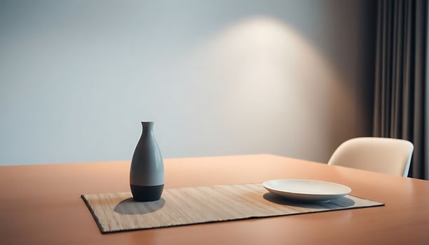 table with a plate and a vase on it photo