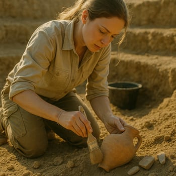 Female archaeologist uncovering terracotta amphora in sunlight. . photo