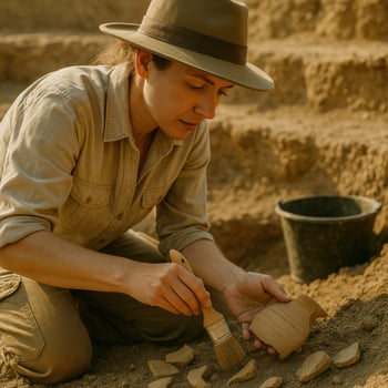 Woman archaeologist cleaning ancient pottery fragments at a dig site. . photo