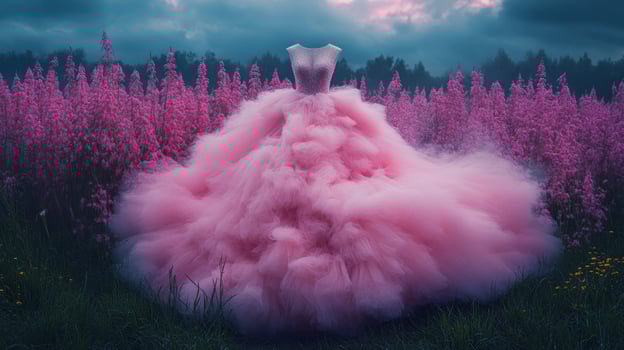 A pink dress is standing in a field of flowers photo