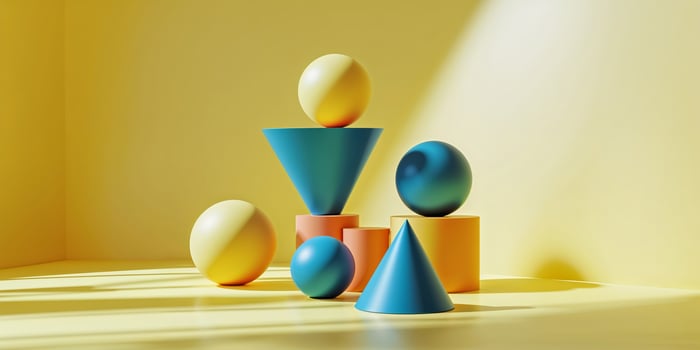 Colorful geometric shapes arranged in a bright room with yellow walls during daylight photo