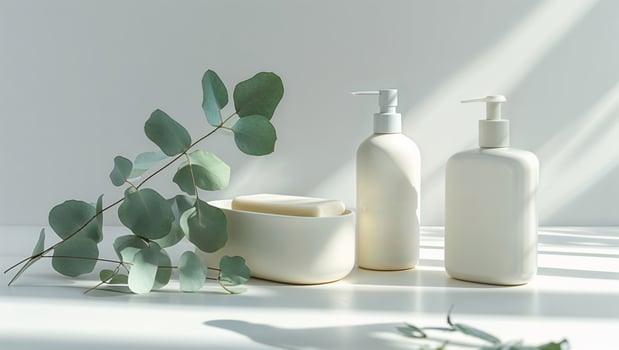 Elegant bathroom display featuring minimalist skincare products and lush greenery in soft morning light photo