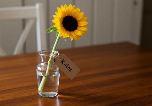 Sunflower in Vase on Table with Kiitos Tag photo