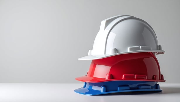 Stacked Construction Hard Hats in White Red and Blue on Plain Background photo