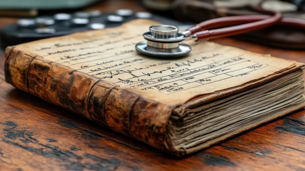 An old book with a stethoscope on top photo