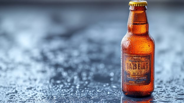 A beer bottle sitting on a wet surface photo