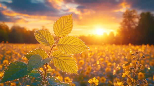 Sunset and leaves in a field photo