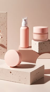 Pink cosmetic products arranged on textured stone blocks, showcasing modern design and aesthetic appeal, perfect for beauty and skincare branding and marketing purposes photo
