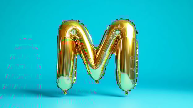 Golden foil balloon shaped like the letter M, floating against a bright turquoise background, adding a festive and playful touch to celebrations and events photo