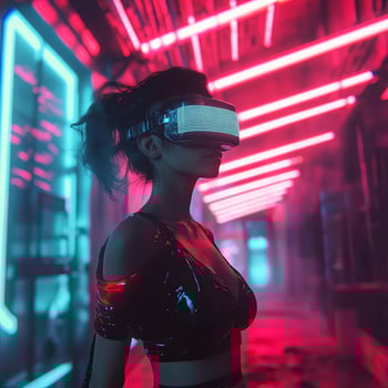 Young woman wearing virtual reality headset stands in neon-lit corridor, showcasing immersive technology experience with vibrant colors and futuristic atmosphere photo
