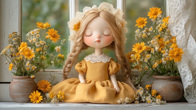 A doll with long hair sitting on a window sill with yellow flowers photo