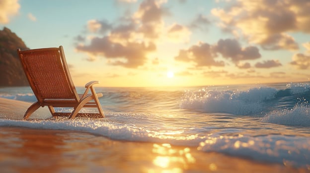 A chair sits on the beach at sunset photo