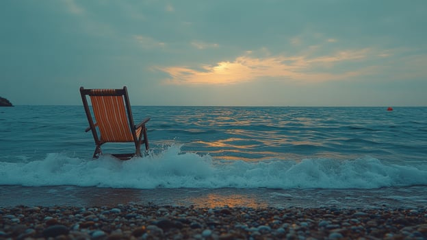 A chair sitting on the beach at sunset photo