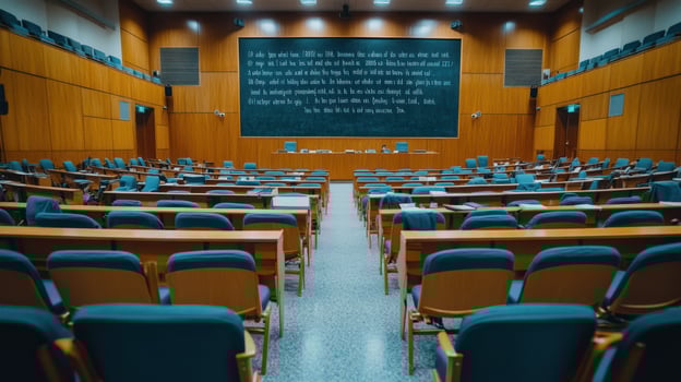 A large room with rows of chairs and a blackboard photo